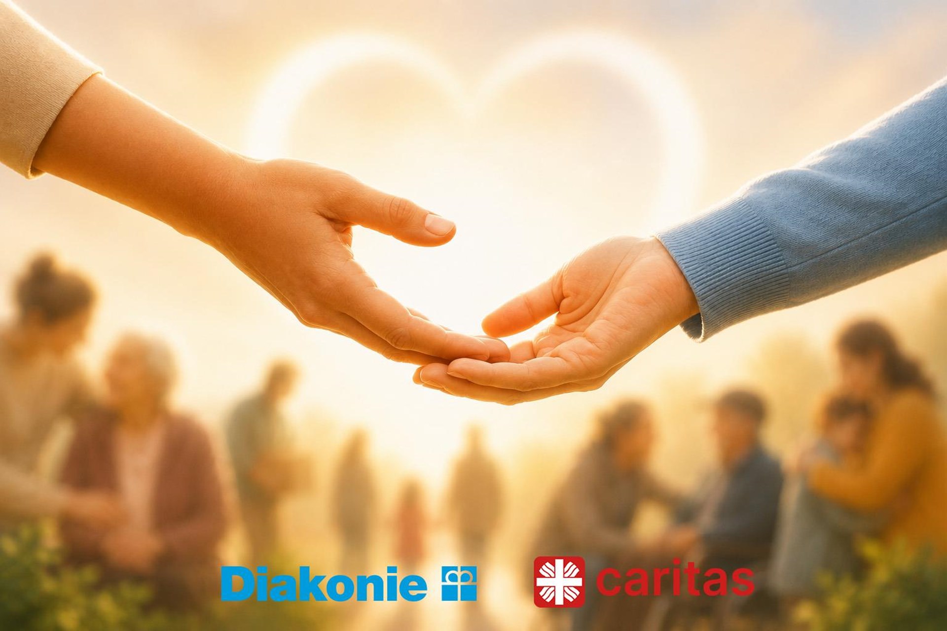 KI-generiertes Bild: Unscharf dargestellte Menschen reichen sich in einer hellen, warmen Atmosphäre unterstützend die Hände. Das Bild symbolisiert gemeinschaftliche Hilfe, Solidarität und das Engagement von Wohlfahrtsverbänden. Keine Logos oder Schrift sind sichtbar.